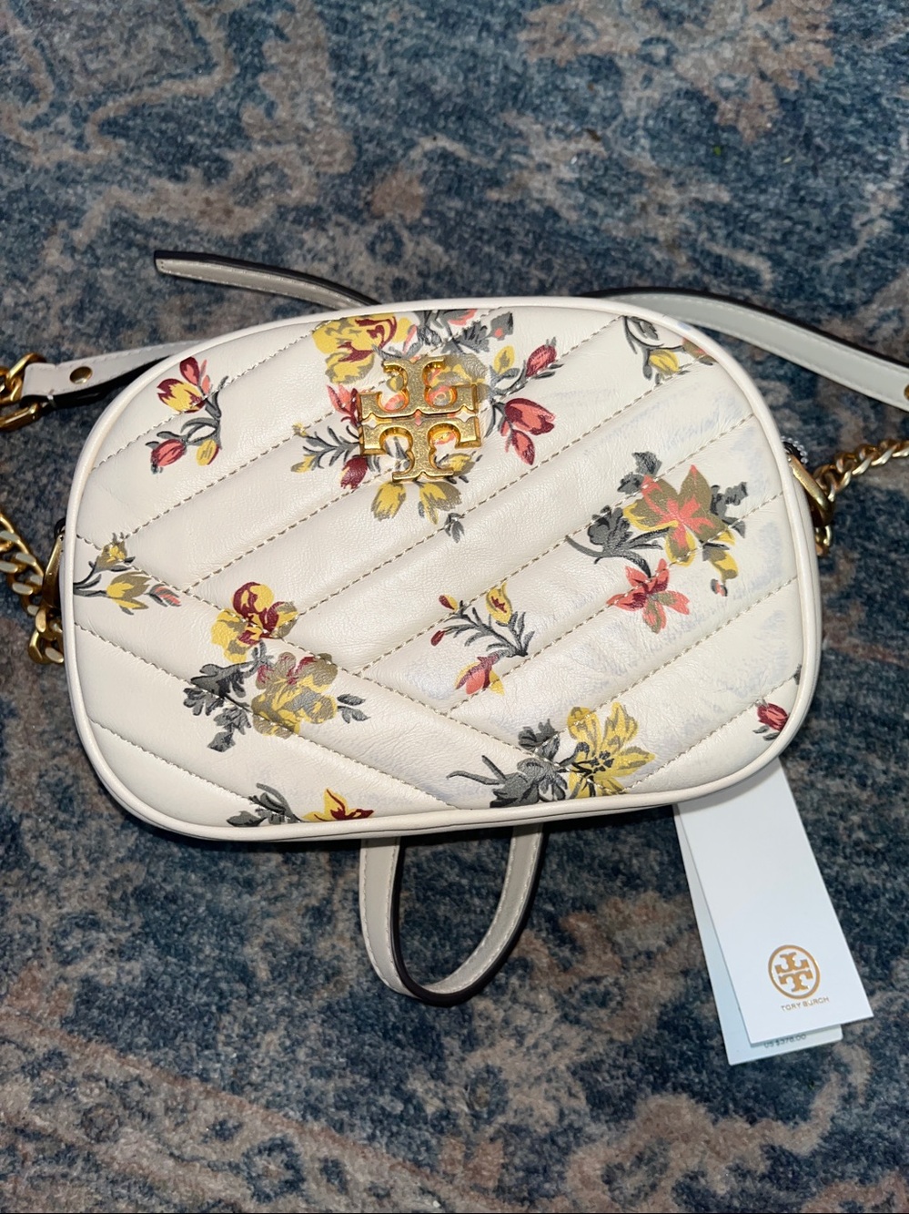 Tori Burch White Floral Quilted Crossbody Bag with Gold Logo Accent